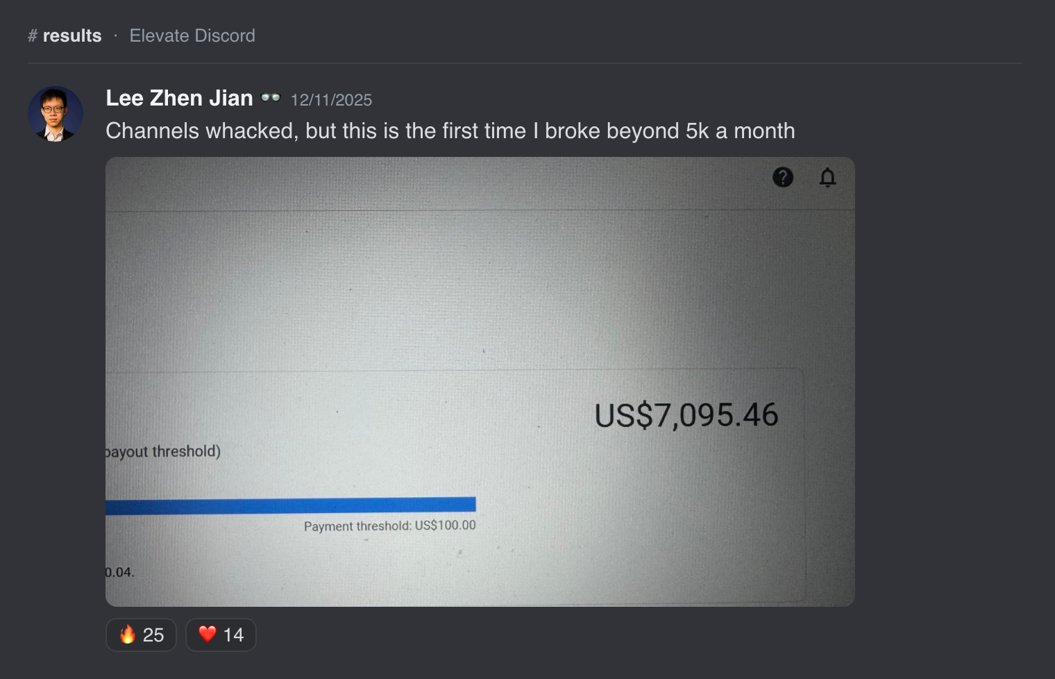 A $7,095 AdSense payout, the member's first month above $5k.