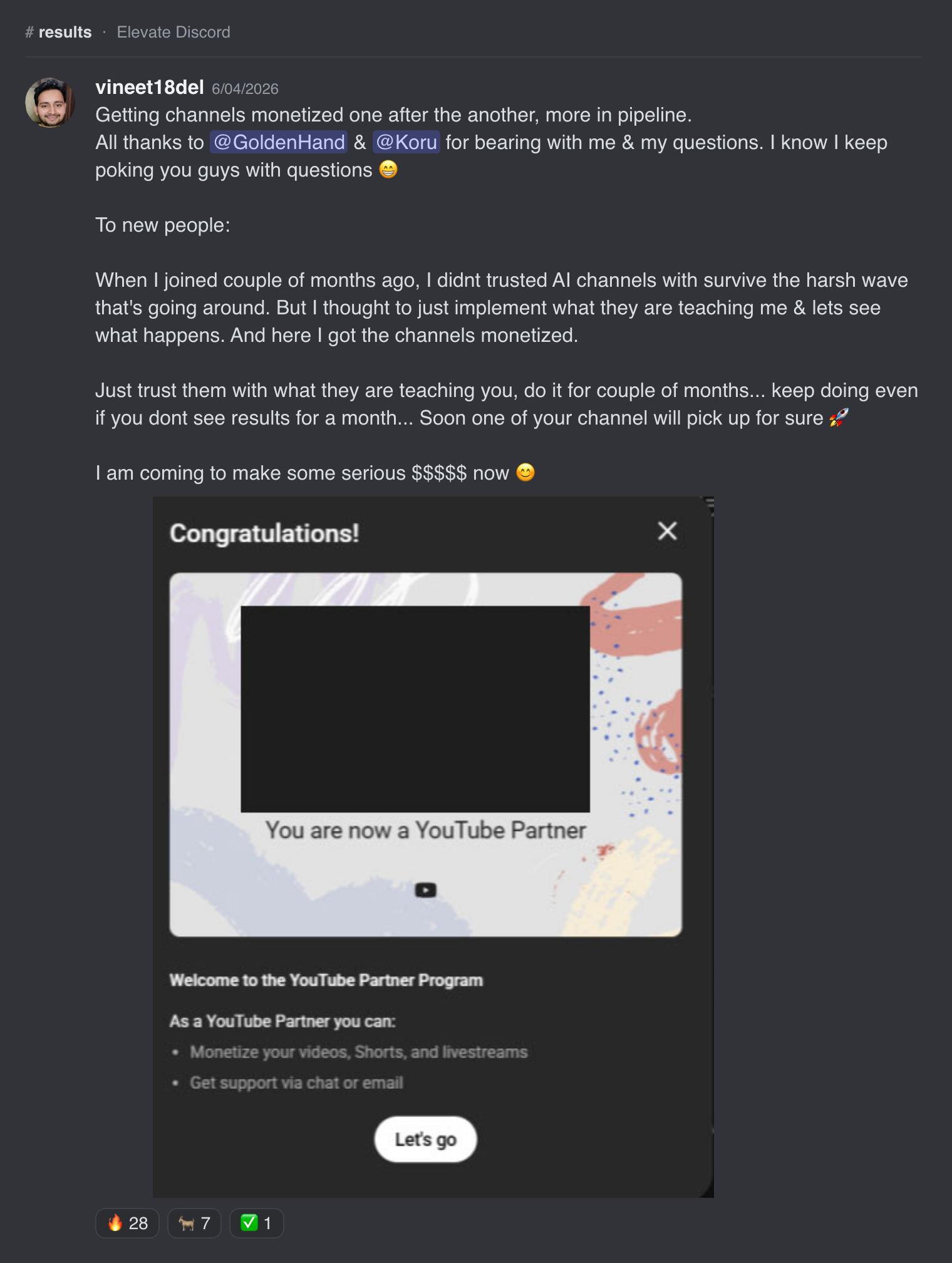 Channels monetized one after another; advice to new members.